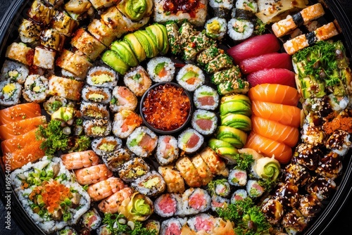 Massive sushi platter, diverse assortment