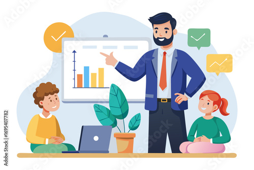 Flat vector icon of a business trainer giving a financial presentation with a dollar sign on a board in front of an audience. Perfect for illustrating concepts such as business training, investment ed