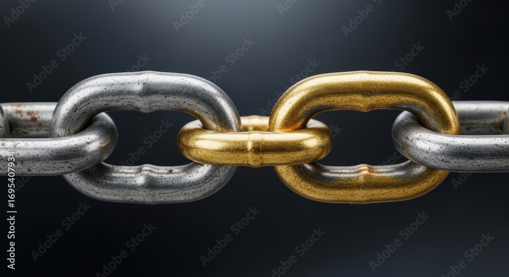 Fototapeta premium Metal chain with a gold link symbolizes strength and connection in dark scene