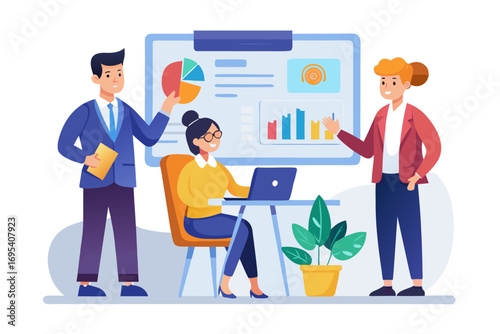 Flat vector icon of a business trainer giving a financial presentation with a dollar sign on a board in front of an audience. Perfect for illustrating concepts such as business training, investment ed