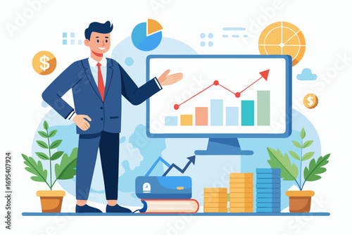 Flat vector icon of a business trainer giving a financial presentation with a dollar sign on a board in front of an audience. Perfect for illustrating concepts such as business training, investment ed