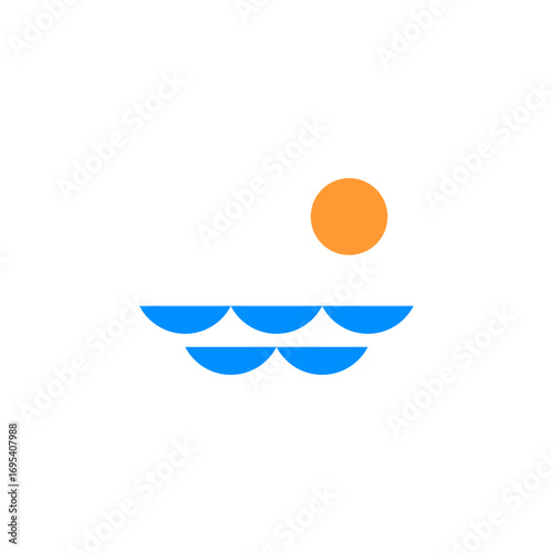 Minimalist graphic illustration of a bright orange sun setting over a stylized blue ocean with repeating wave shapes.
