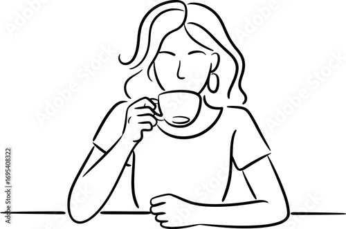 Woman enjoying a cup of coffee, line art