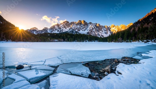 Frozen lake at sunrise with snow-capped mountains