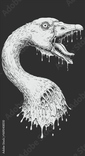 Melted Swan Head Sketch Ghastly Bird Illustration.