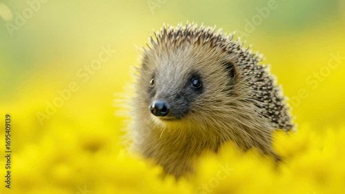 Curious hedgehog with soft quills in yellow flowers, spring nature scene cute wildlife mammal foraging wildflower meadow, gentle light, soft focus