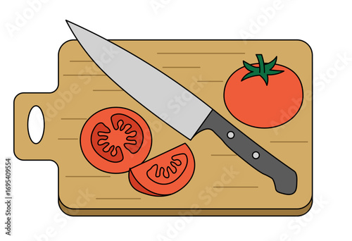 Tomato and kitchen knife on wooden cutting board for cooking preparation and fresh vegetable slicing concept illustration