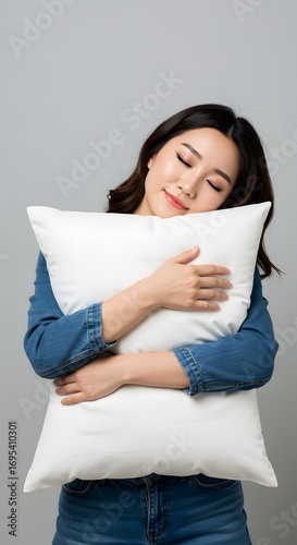 Peaceful Asian Woman Hugging Pillow, Eyes Closed, Relaxed and Content