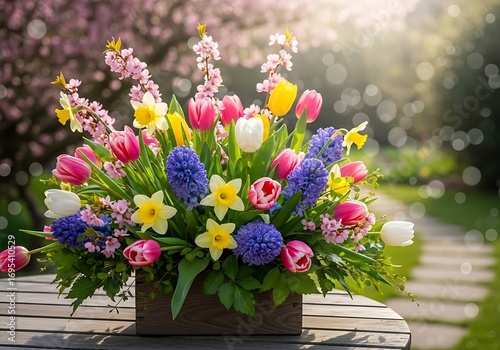 A vibrant arrangement of tulips, hyacinths, daffodils, and flowering branches in a wooden box, bathed in spring sunlight.