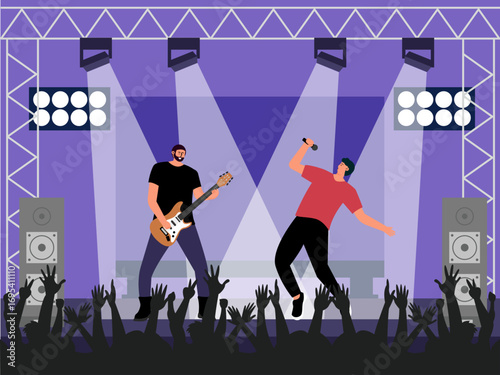 Crowded rock group concert with enthusiastic audience. Concert illustration. Flat vector illustration concept.