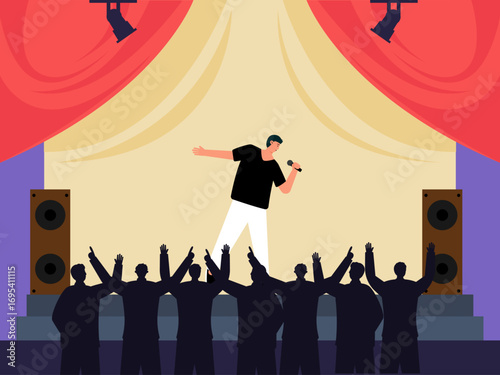 Concert in city auditorium performed by rock singer. Concert illustration. Flat vector illustration concept.