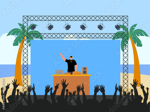 Special DJ concert with a magnificent stage on the beach. Concert illustration. Flat vector illustration concept.
