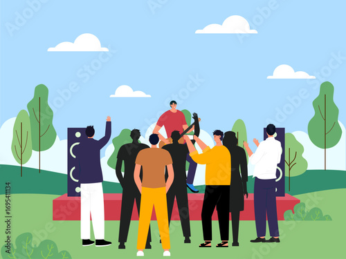 Singer cum guitarist performs concert in city park. Concert illustration. Flat vector illustration concept.