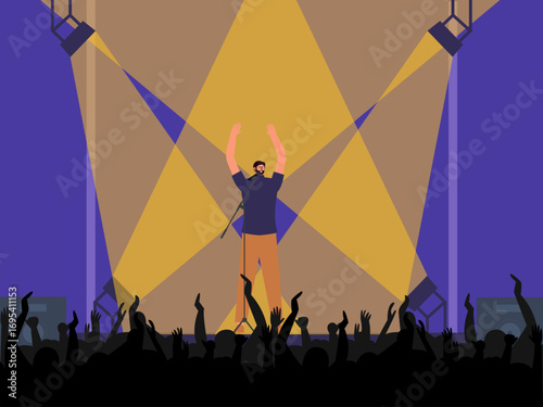 Male soloist invites audience to raise their hands to add enthusiasm to his concert. Concert illustration. Flat vector illustration concept.