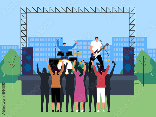 Band concert that city girls like. Concert illustration. Flat vector illustration concept.