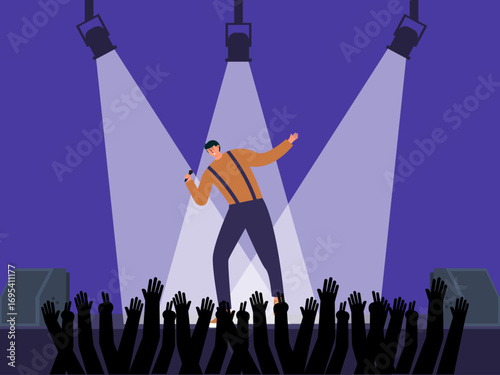Excited singer at a concert with many spectators. Concert illustration. Flat vector illustration concept.
