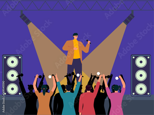 Solo singer performing a concert with many young female fans. Concert illustration. Flat vector illustration concept.