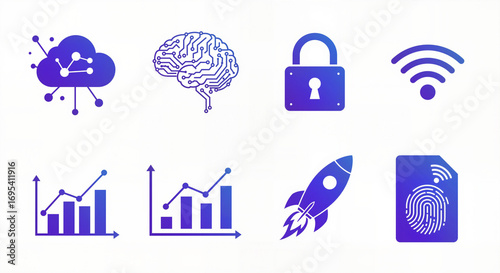 Abstract Business Technology Icons Representing Cloud Computing Artificial Intelligence Cybersecurity Wireless Networks Financial Growth and Innovation on an Isolated White Background
