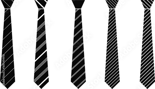 Black necktie silhouettes with diagonal stripe patterns, minimalist vector design for fashion, formal wear, and stylish accessory illustrations