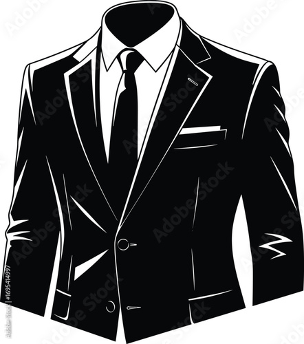 Black silhouette of formal men’s suit with necktie and pocket square, elegant vector design for business and professional fashion
