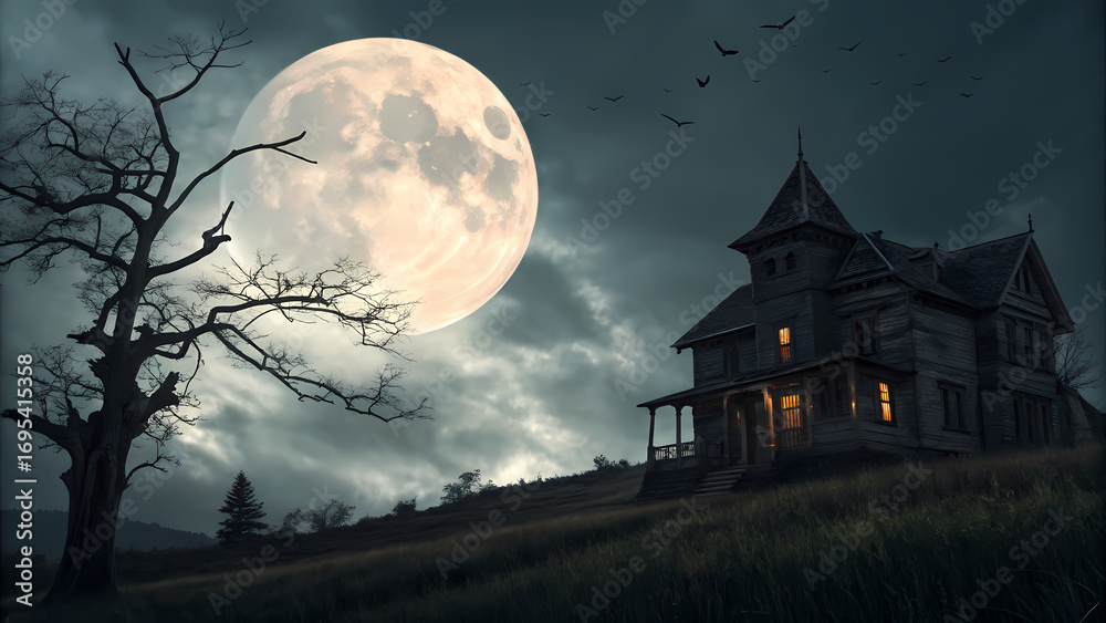 Fototapeta premium Spooky Mansion: Halloween Night, Full Moon, Creepy House Scene