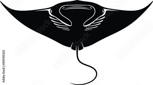Black silhouette of manta ray in graceful motion, minimal vector design with curved fins and ocean-inspired underwater elegance