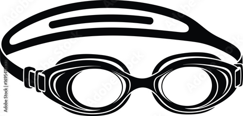Black silhouette of swimming goggles, bold vector design with circular lenses and thick strap for sport, pool, and water activities
