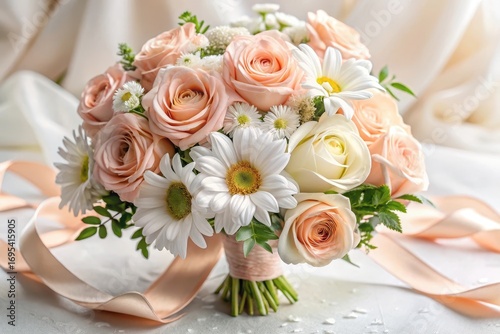 A Delicate Arrangement of Peach Roses and White Daisies, Gracefully Tied with a Peach Ribbon, Creates an Elegant Floral Bouquet