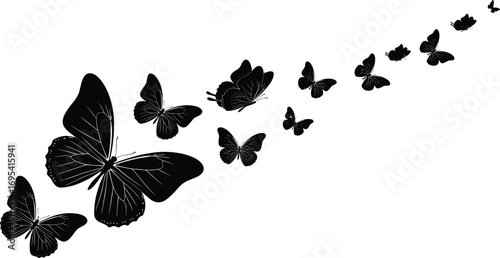 Butterflies flying diagonally in black silhouette vector art, graceful motion with size variation for nature-inspired decorative design