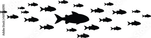 Group of fish silhouettes swimming in unity, black vector art with leadership concept and underwater motion for nature-themed design