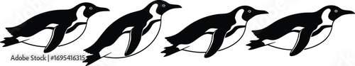 Penguin movement silhouettes in sequence showing walking or swimming poses for animal motion, wildlife behavior, biology, and minimalist design