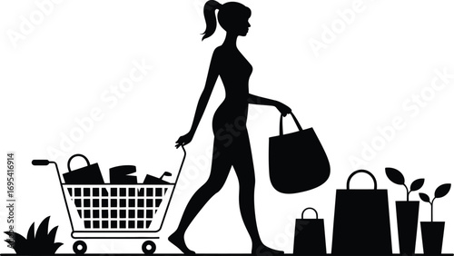 Silhouette of a woman shopping with a cart and bags