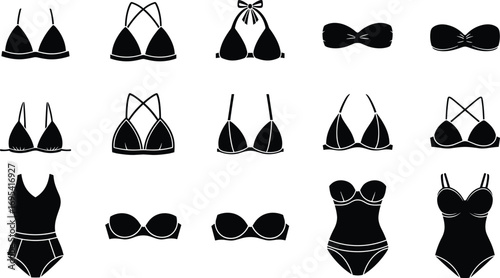 Silhouettes of various women’s swimwear and bikini tops in grid layout showing fashion styles, straps, and swimsuit design diversity