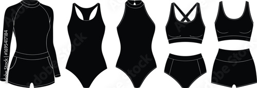 Women’s swimwear and activewear silhouettes, black vector icons featuring one-piece suits, sports bras, shorts, and functional fashion styles