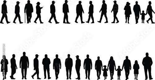 Silhouettes of People Walking and Standing – Men, Women, and Children in Various Poses – Urban Street Vector Illustration Design