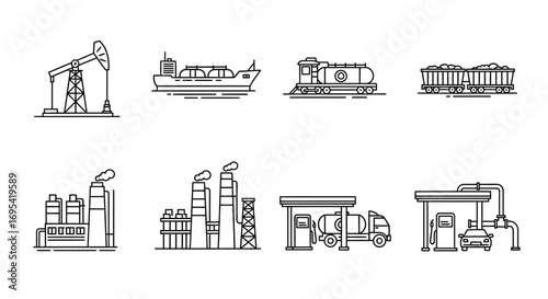 Silhouette illustration of an industrial complex, showing interconnected oil and gas production, processing, and transportation.