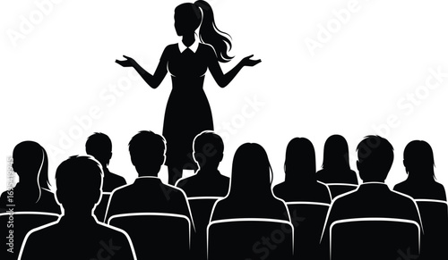 Silhouette vector illustration of female presenter speaking to audience, woman giving presentation or lecture in classroom, seminar, or business training setting