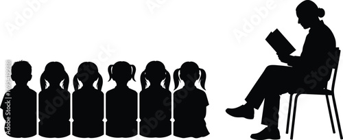 WeSilhouette vector illustration of female teacher reading book to children, educational classroom scene, group of kids listening during storytelling time
