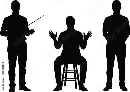 Silhouette vector illustration of standing and sitting men, male poses for teaching, explaining, presentation, or business gestures on transparent background