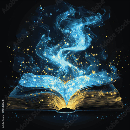 Book of Magic with Sprouting Magic Particles , vector style simple color