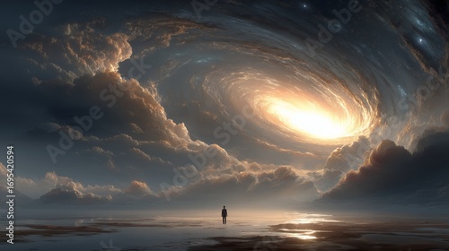 Person Standing at Entrance of Blue-Purple Astral Portal with Cosmic Energy, Swirling Galaxies, Nebulae, Misty Background, Cinematic Lighting, Hyper-realistic Digital Art for Sci-fi Concept  