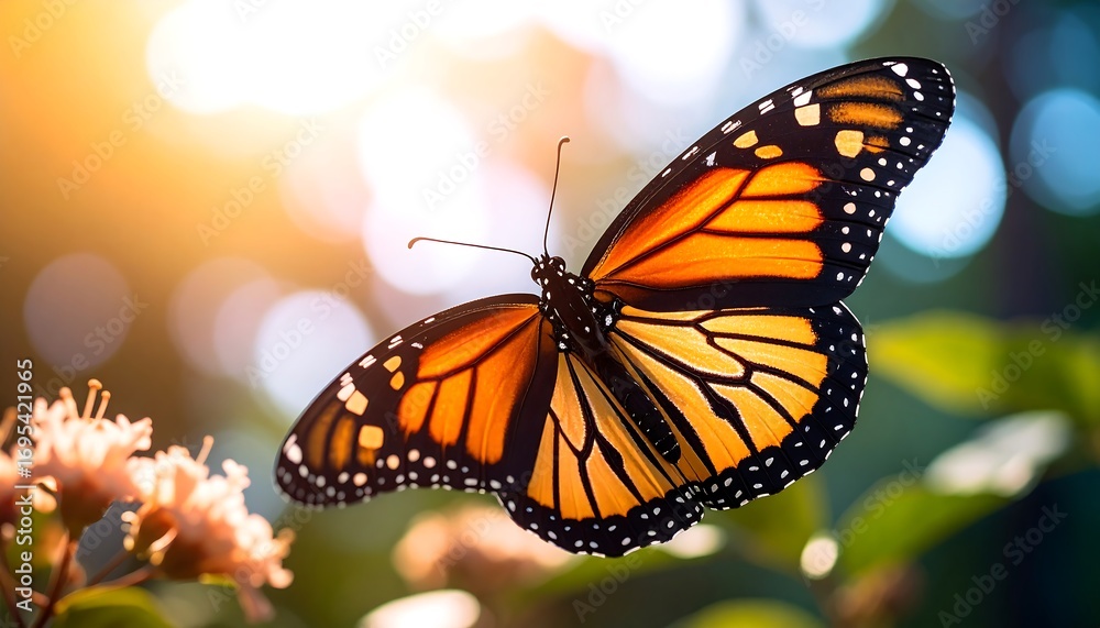 Fototapeta premium Radiant monarch butterfly delicately perches amidst sunlit blossoms scene