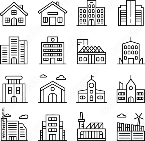 Architectural Icon Set – Black & White Line Vector of Homes, Offices, Churches, and Civic Buildings
