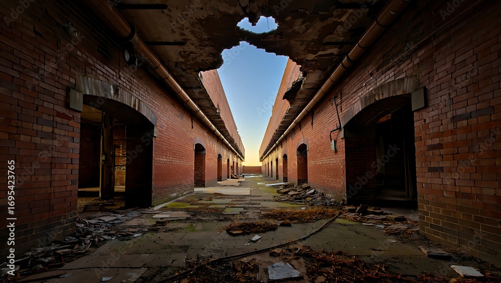 Fototapeta premium Abandoned brick building with open roof revealing sky perfect for urban exploration
