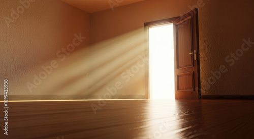 Open Door with Bright Light Rays Entering Room.
