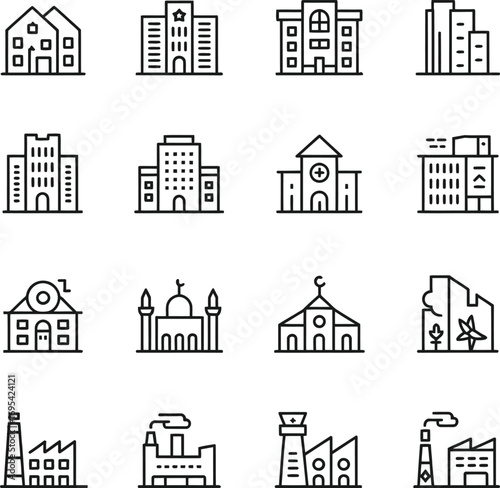 Building Icon Collection – Black & White Line Vector of Urban, Civic, and Religious Structures