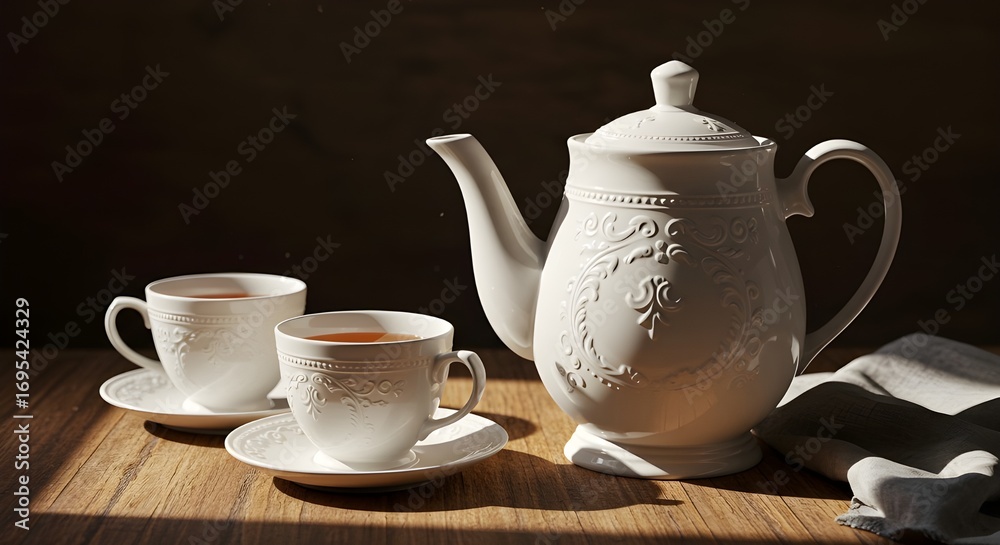 Fototapeta premium Elegant white ceramic teapot with two tea cups on wooden table