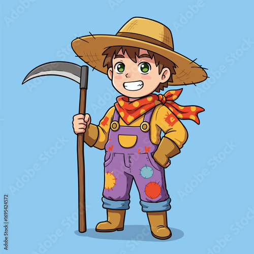 Cartoon child farmer with straw hat, scarf, colorful overalls, holding a sickle.