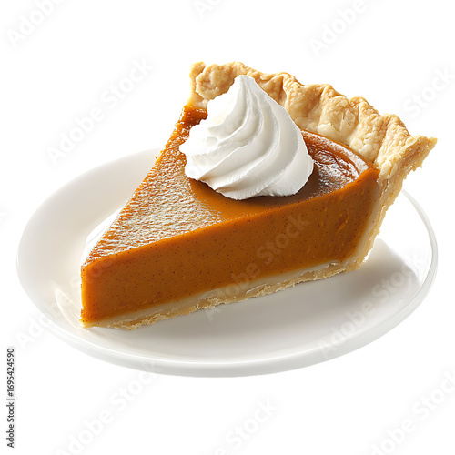 Slice of pumpkin pie topped with whipped cream on a white plate