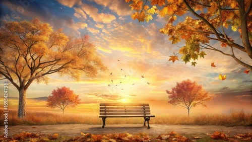 Serene Autumn Sunset A Wooden Bench Beckons Amidst Golden Trees and Falling Leaves, Inviting Contemplation and Tranquility